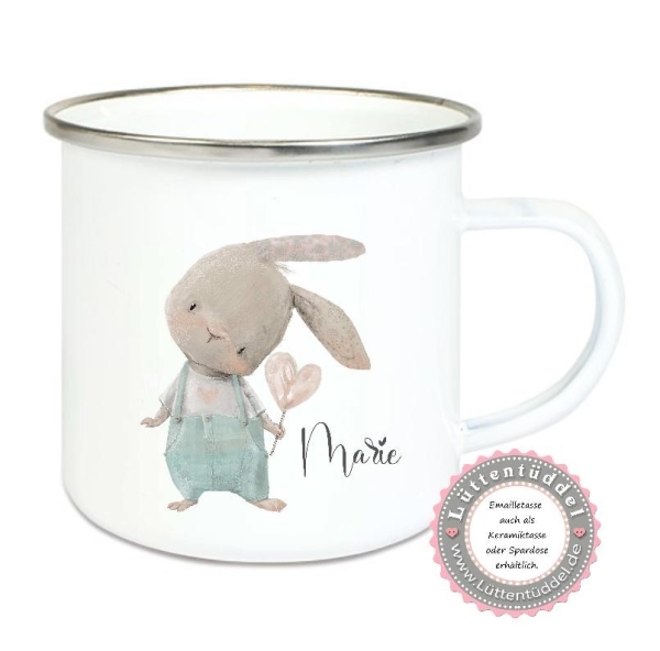 Becher Tasse Emaillebecher Hase Wunschname, Einschulung KITA Dankeschön, Abschied, Jubiläum, Geschenk, von Lüttentüddel®